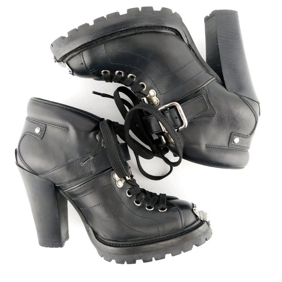 MIU MIU Black Leather Steel Plated Toe Lace Up Buckled Block Heel Booties 35 - Picture 4 of 9